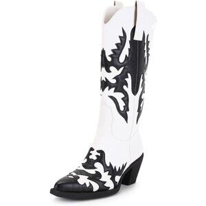 Women's White Black Mid Calf Knee High Pointed Toe Dressy Cowgirl Western Boots